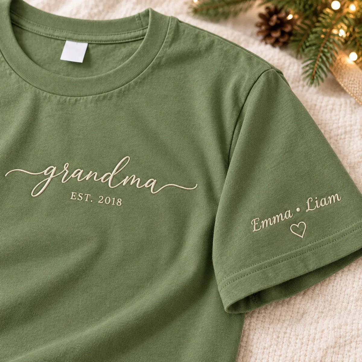 Personalized Grandma Established Year Embroidered Sweatshirt, Hoodie & T-Shirt — T-shirt sleeve mockup