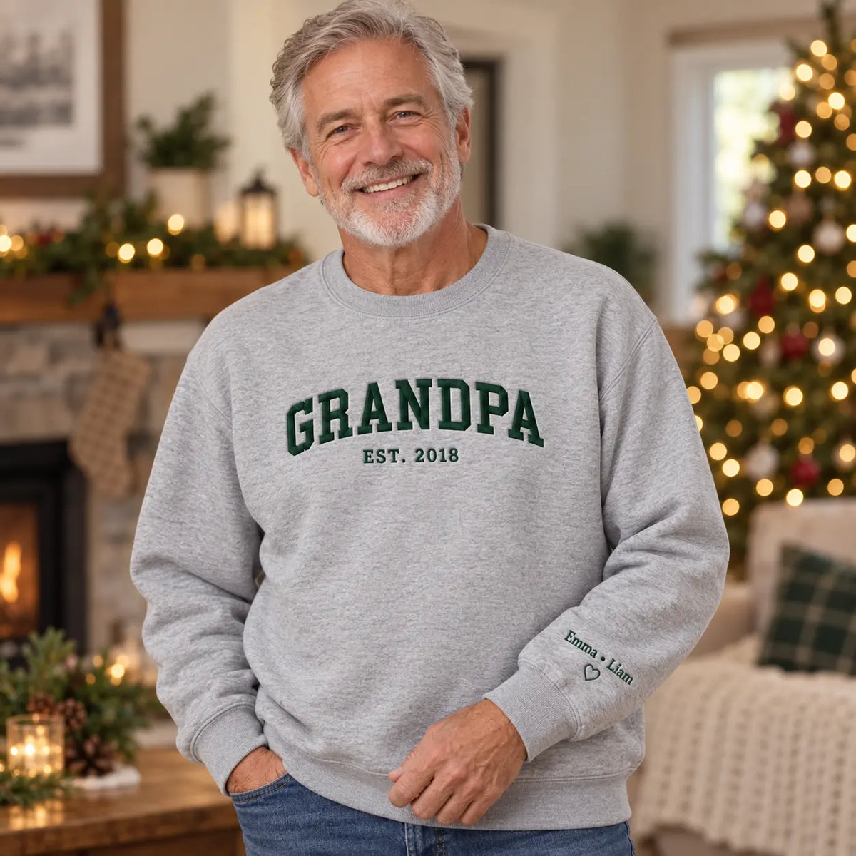 Personalized Grandpa Established Year Embroidered Sweatshirt, Hoodie & T-Shirt — Sweatshirt lifestyle mockup