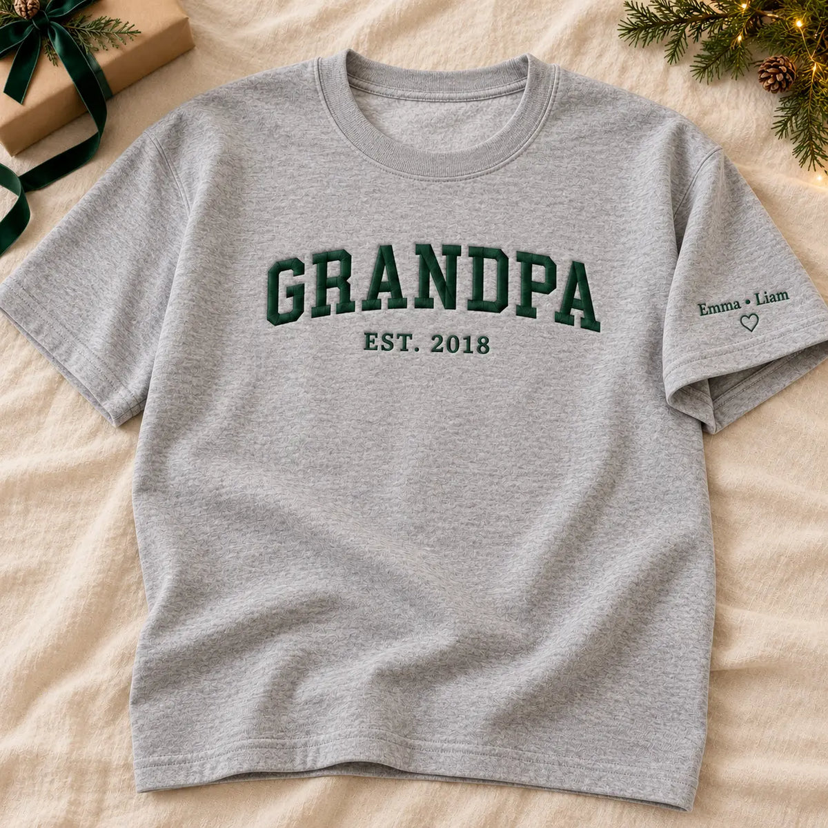 Personalized Grandpa Established Year Embroidered Sweatshirt, Hoodie & T-Shirt — T-shirt hero mockup