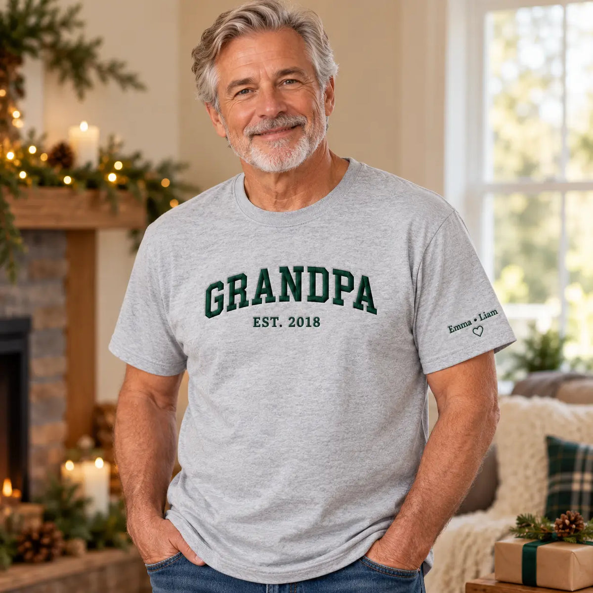 Personalized Grandpa Established Year Embroidered Sweatshirt, Hoodie & T-Shirt — T-shirt lifestyle mockup