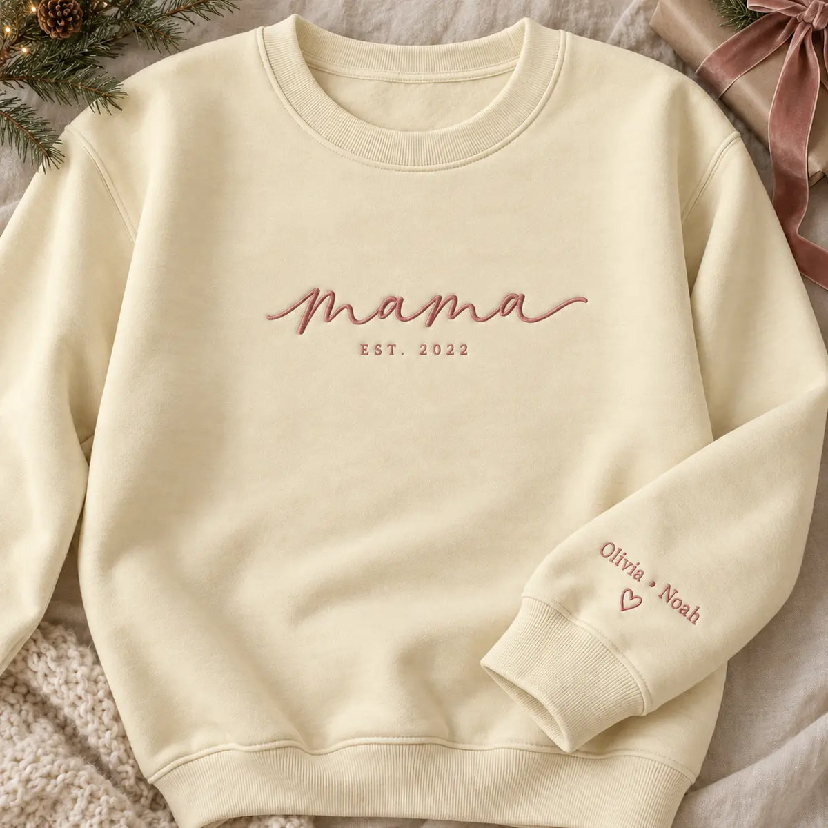 Personalized Mama Established Year Embroidered Sweatshirt, Hoodie & T-Shirt — Sweatshirt hero mockup