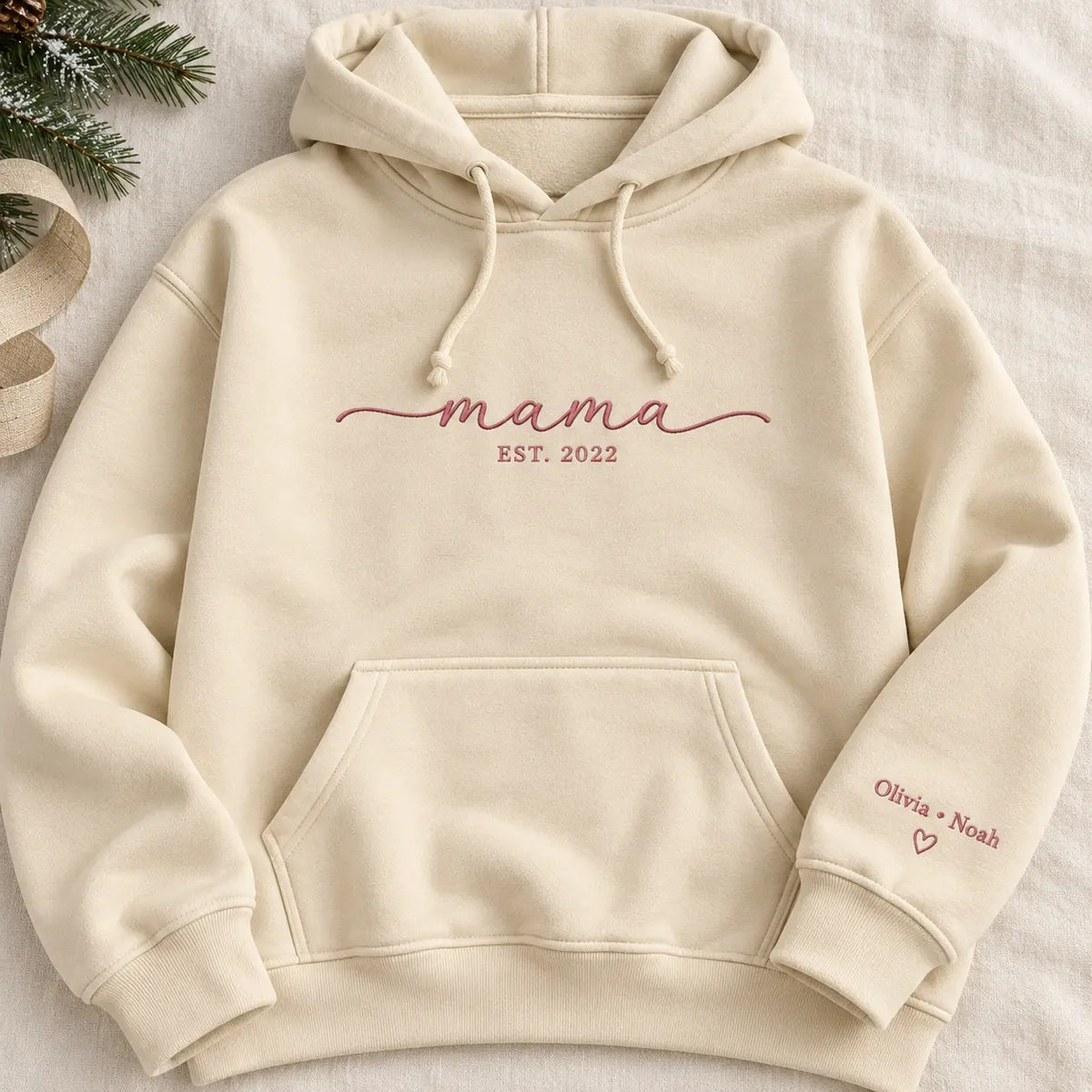 Personalized Mama Established Year Embroidered Sweatshirt, Hoodie & T-Shirt — Hoodie hero mockup