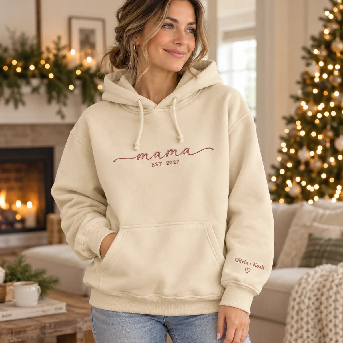 Personalized Mama Established Year Embroidered Sweatshirt, Hoodie & T-Shirt — Hoodie lifestyle mockup