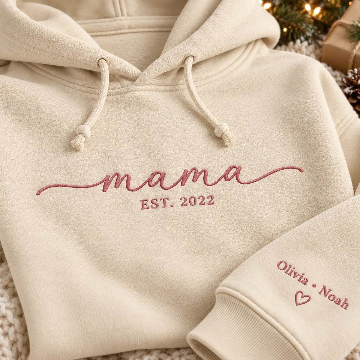 Personalized Mama Established Year Embroidered Sweatshirt, Hoodie & T-Shirt — Hoodie embroidery mockup