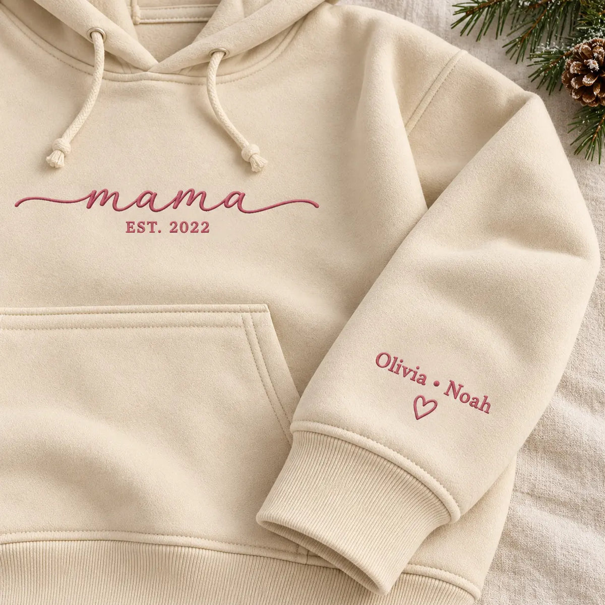 Personalized Mama Established Year Embroidered Sweatshirt, Hoodie & T-Shirt — Hoodie sleeve mockup