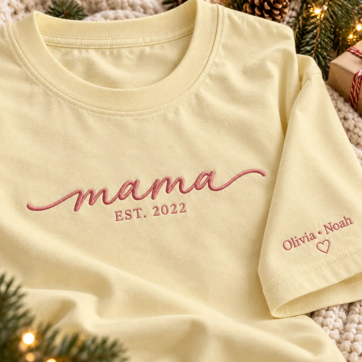 Personalized Mama Established Year Embroidered Sweatshirt, Hoodie & T-Shirt — T-shirt embroidery mockup