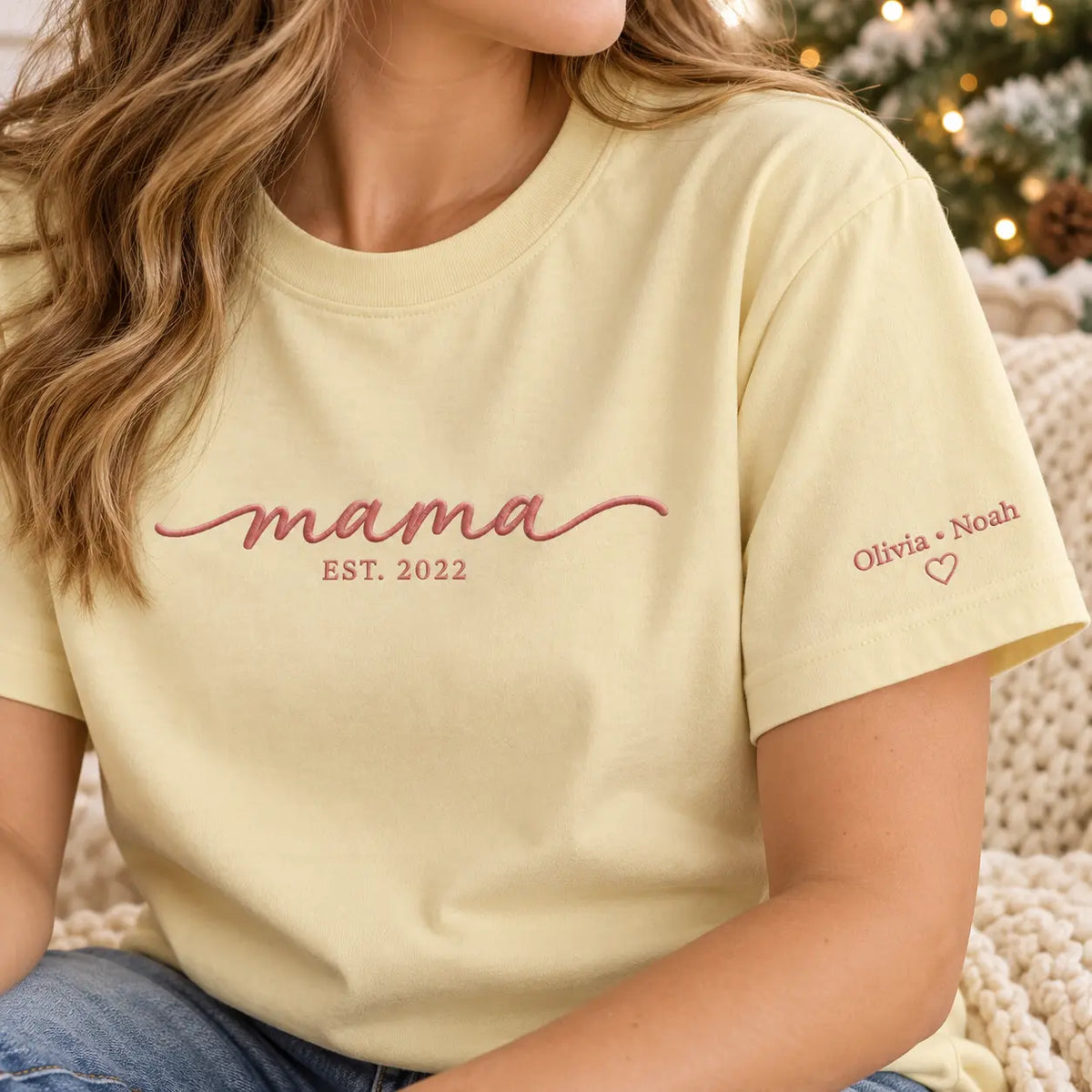 Personalized Mama Established Year Embroidered Sweatshirt, Hoodie & T-Shirt — T-shirt sleeve mockup