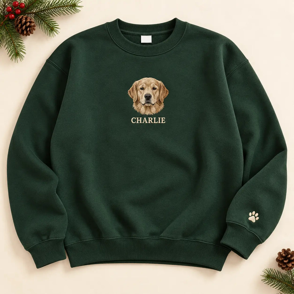 Personalized Golden Dog Portrait Embroidered Sweatshirt, Hoodie & T-Shirt — Sweatshirt hero mockup