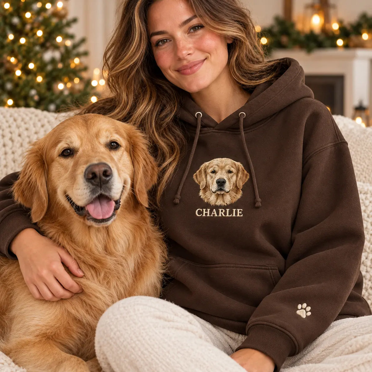 Personalized Golden Dog Portrait Embroidered Sweatshirt, Hoodie & T-Shirt — Hoodie lifestyle mockup