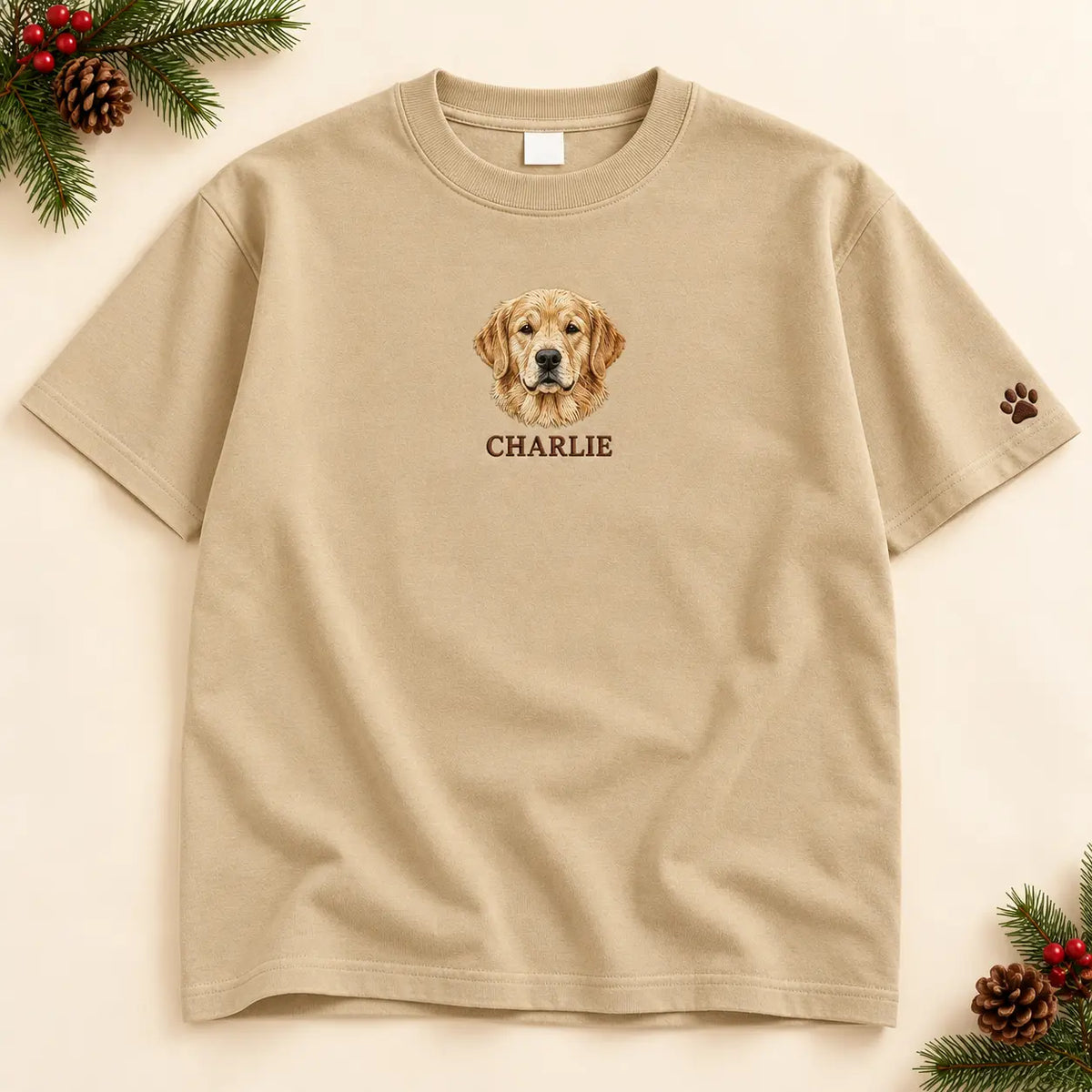 Personalized Golden Dog Portrait Embroidered Sweatshirt, Hoodie & T-Shirt — T-shirt hero mockup