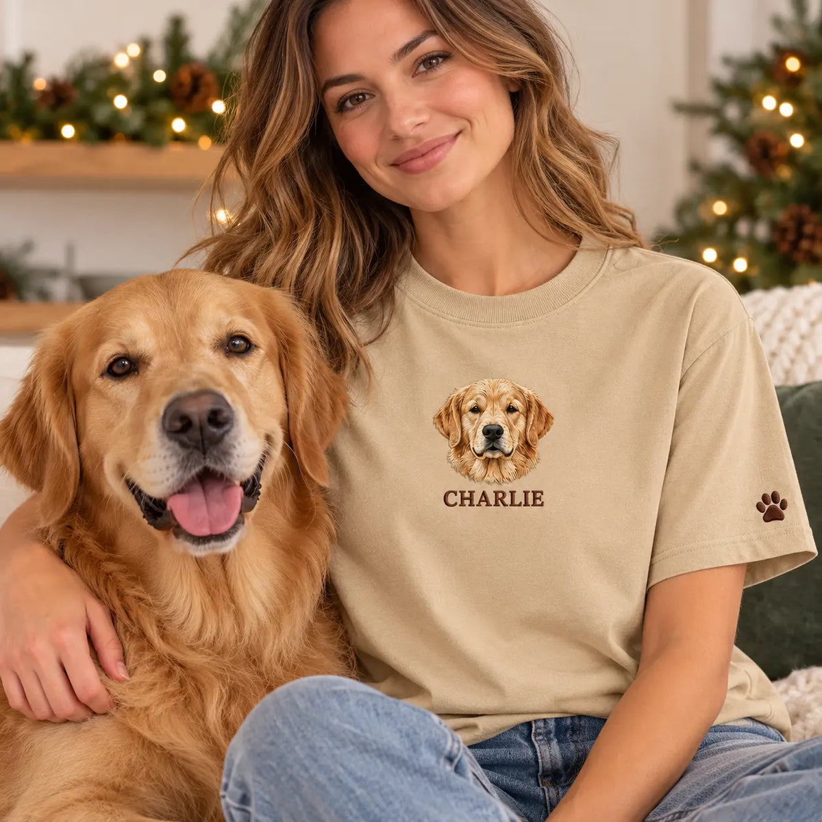 Personalized Golden Dog Portrait Embroidered Sweatshirt, Hoodie & T-Shirt — T-shirt lifestyle mockup