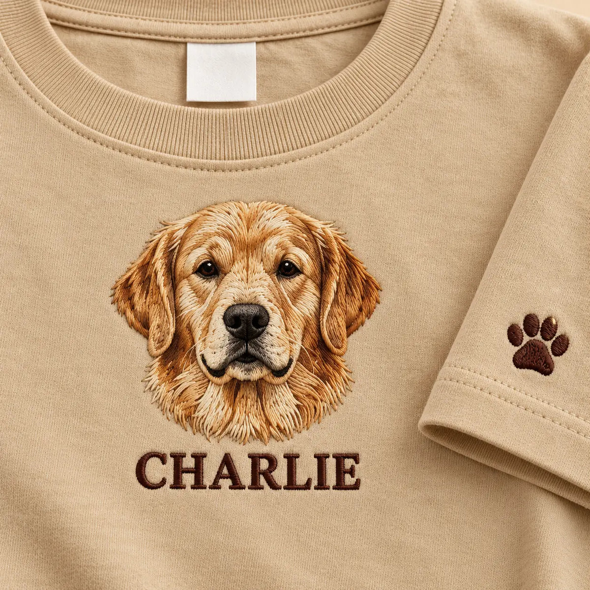 Personalized Golden Dog Portrait Embroidered Sweatshirt, Hoodie & T-Shirt — T-shirt embroidery mockup