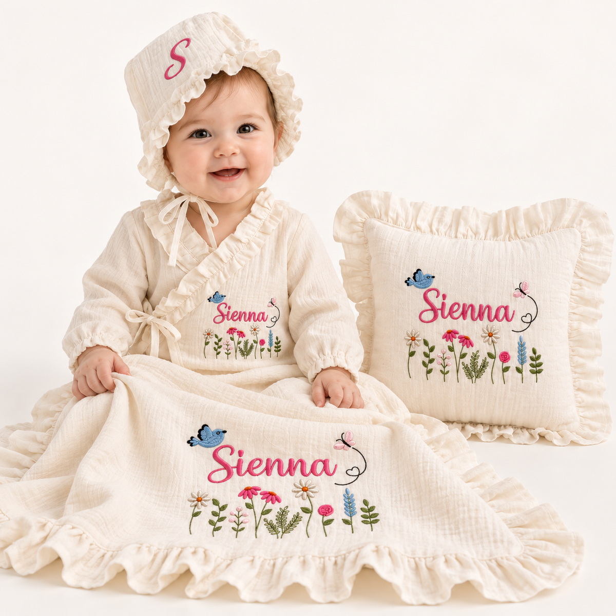 Organic Muslin Double Gauze, Embroidered Name Newborn Gift, Handmade Baby Shower Present, Custom Baby Gift
