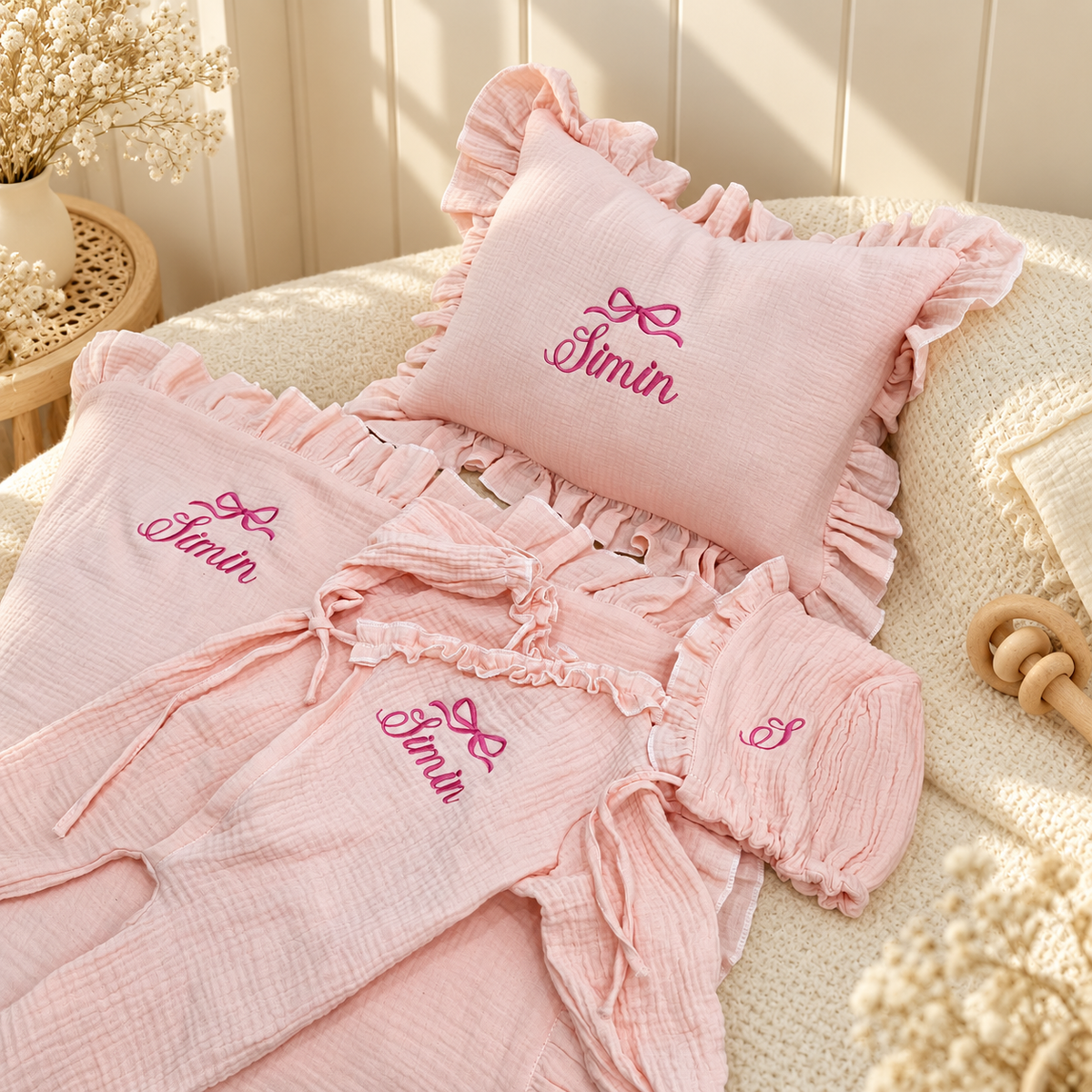 Custom Embroidered Muslin Baby Blanket & Ruffle Pillow | Personalized Baby Name Blanket | Luxury Newborn Gift Set