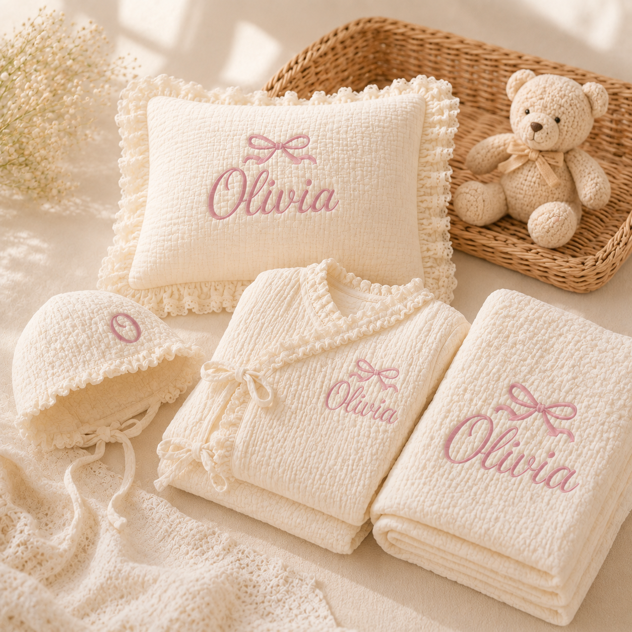 Personalized Newborn Baby Gift Set – Custom Name Embroidered Muslin Romper, Blanket & Pillow #N1