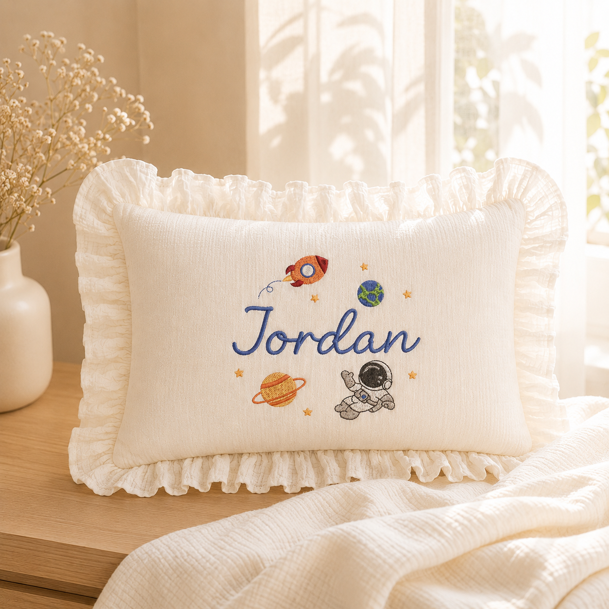 Personalized Baby Name Muslin Blanket & Ruffle Pillow Set | Custom Embroidered Cotton Baby Blanket | Newborn Gift #N1