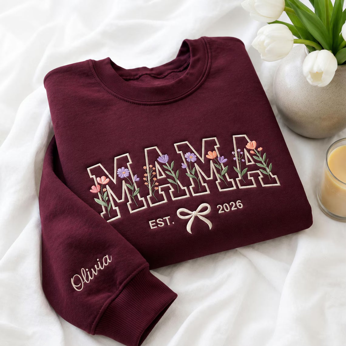 Custom Mama Embroidered Floral Sweatshirt,Mama Sweatshirt Embroidered,New Mom Sweatshirt,Gift For New Mom,Mother's Day Gift