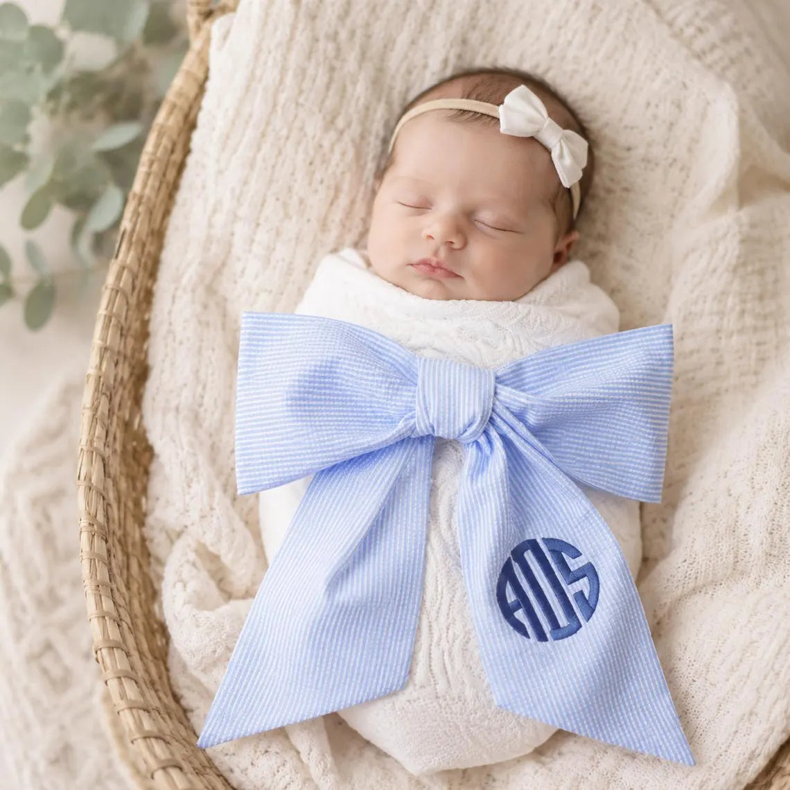 Custom Monogrammed Seersucker Bow, Sash For Baby Pictures, Personalized Embroidered Newborn Bow Sash, Bow Swaddle Girl,