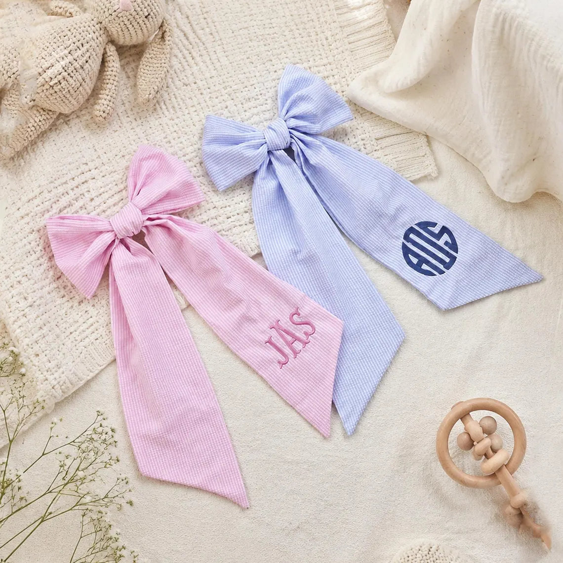 Custom Monogrammed Seersucker Bow, Sash For Baby Pictures, Personalized Embroidered Newborn Bow Sash, Bow Swaddle Girl,