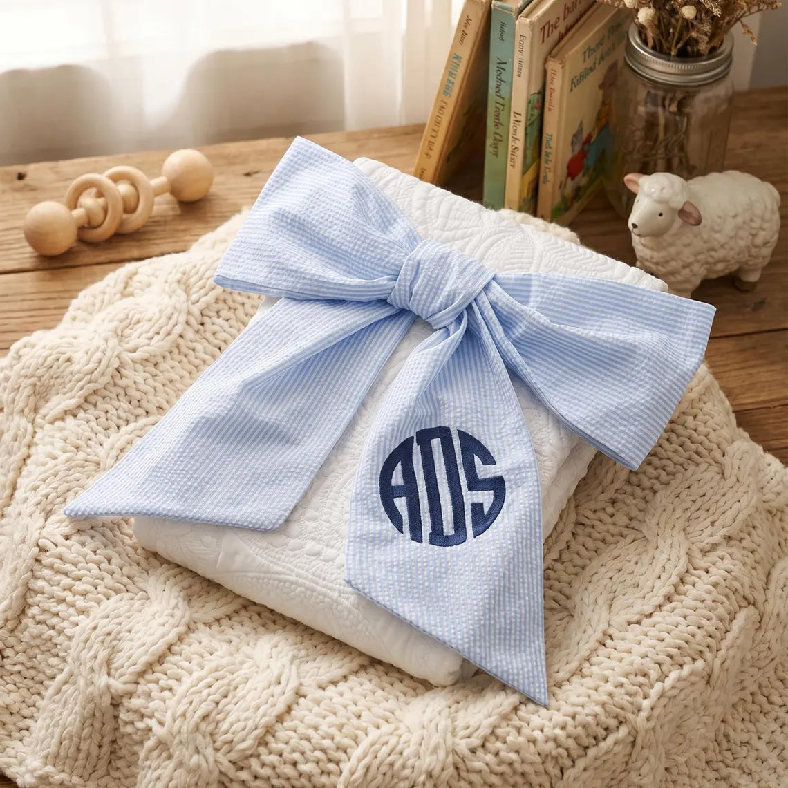 Custom Monogrammed Seersucker Bow, Sash For Baby Pictures, Personalized Embroidered Newborn Bow Sash, Bow Swaddle Girl,