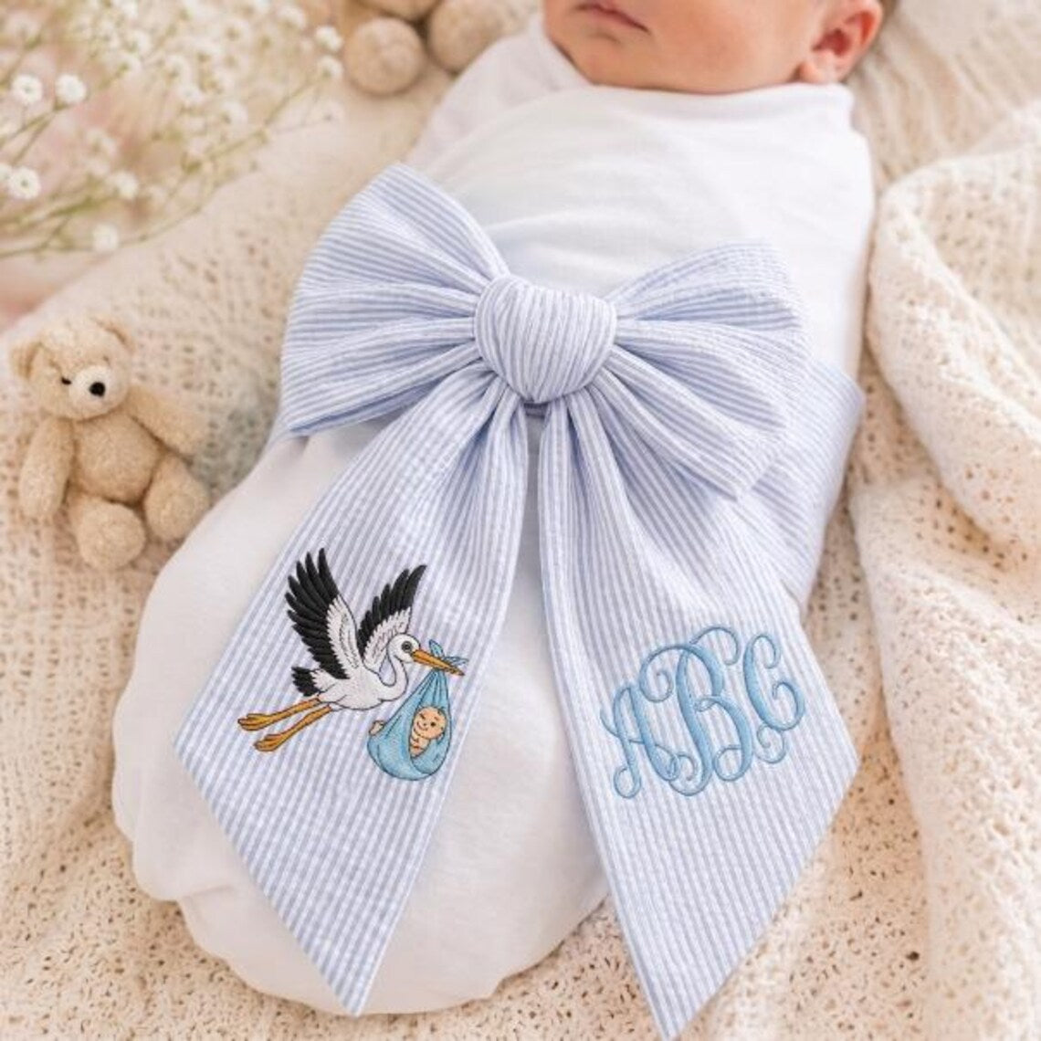 Custom Embroidered Newborn Bow Sash for Swaddle | Custom Embroidered Baby Stork Gingham Wreath Sash