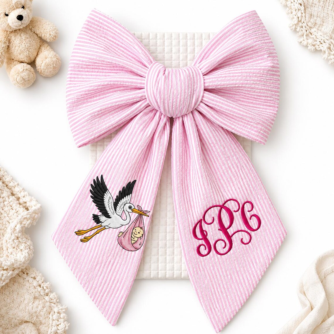 Monogrammed Newborn Baby Bow Sash, Crib Bow, Maternity Photo Prop, Baby Shower Gift, Swaddle Wrap Bow