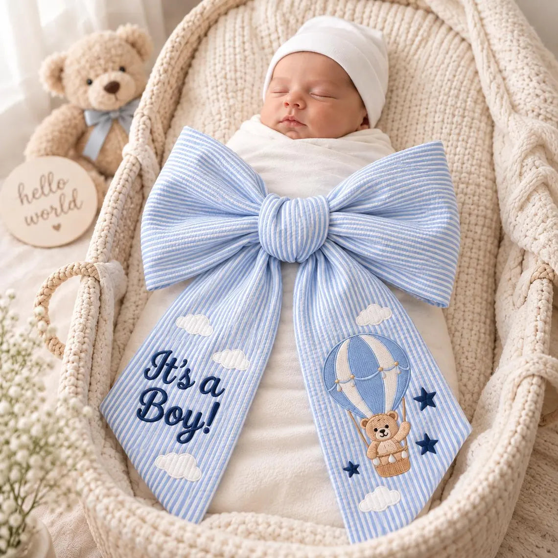 Personalized Embroidered Baby Name Newborn Bow Sash, Monogram Bow Sash, Gingham Bow Swaddle, Sash For Baby Picture, Baby Shower Gift