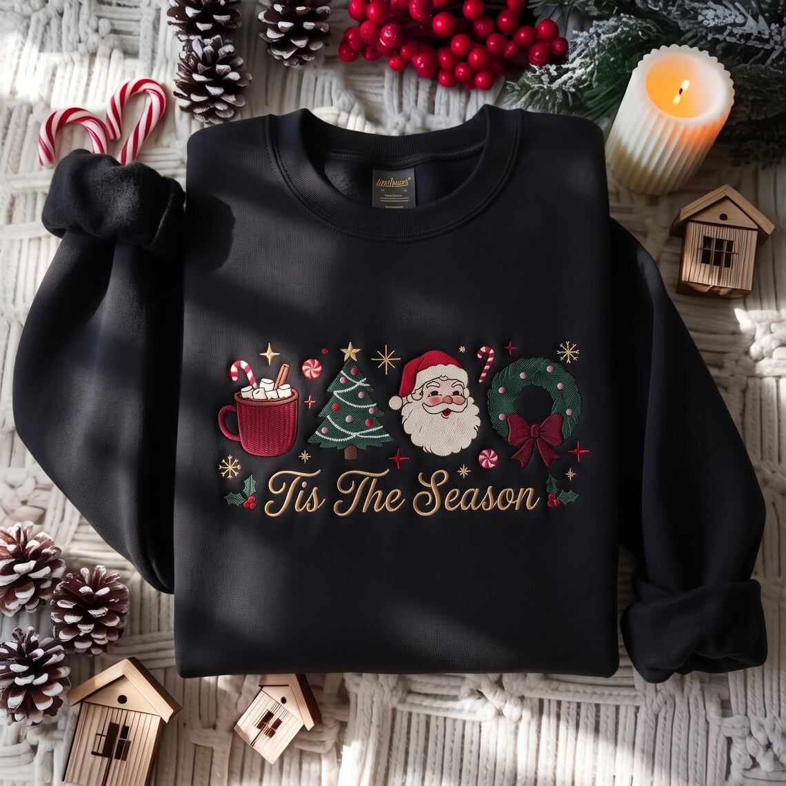 Christmas Tis The Season Sweatshirt, Christmas Crewneck, Pink Santa Holiday Sweater