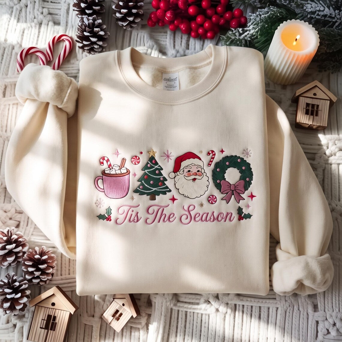 Christmas Tis The Season Sweatshirt, Christmas Crewneck, Pink Santa Holiday Sweater