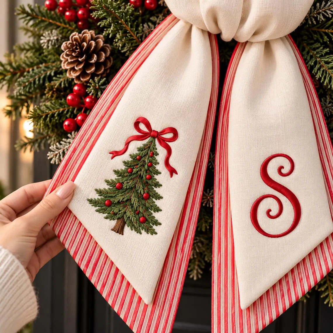 Personalized Christmas Wreath Sash, Embroidered Linen Wreath Bow, Monogram Christmas Door Decor, Holiday Wreath Sash