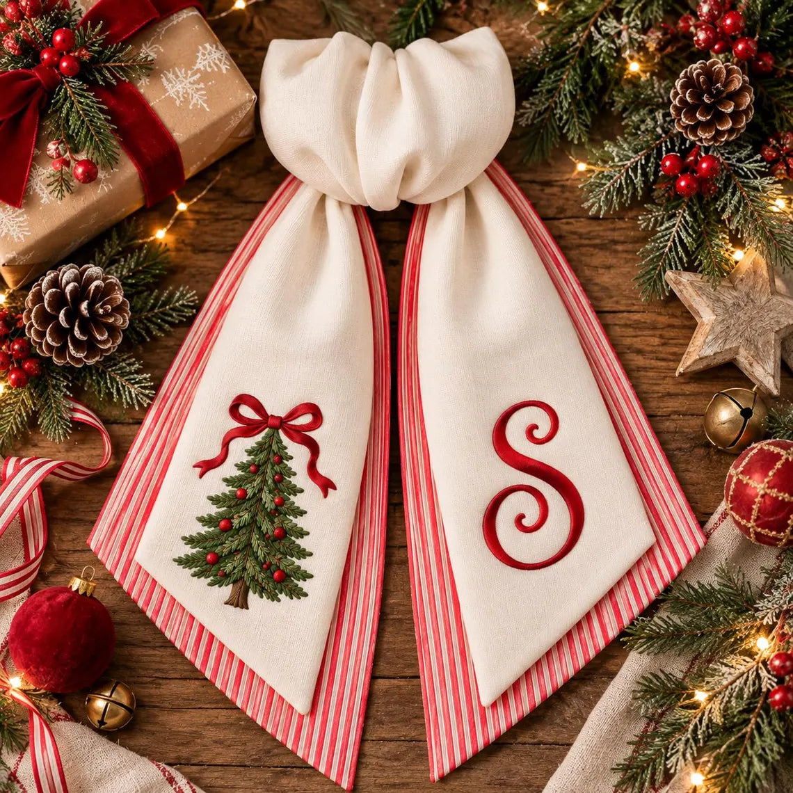 Personalized Christmas Wreath Sash, Embroidered Linen Wreath Bow, Monogram Christmas Door Decor, Holiday Wreath Sash