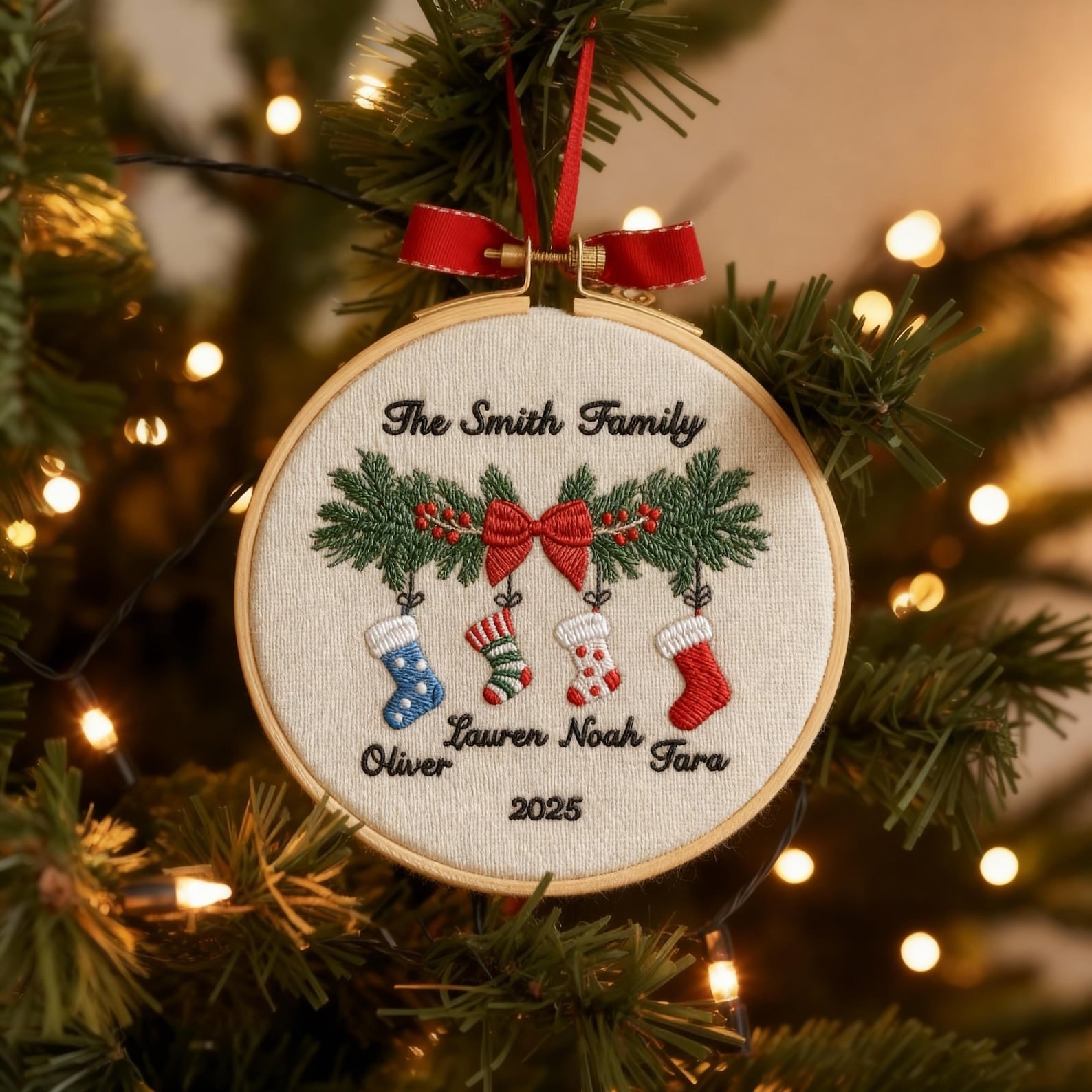 Personalized Couple Embroidery Christmas Ornament, Embroidered Hoop with Names Year