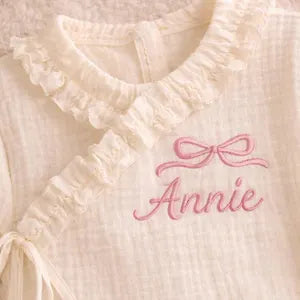 Personalized Muslin Baby Romper with Bonnet, Newborn Coming