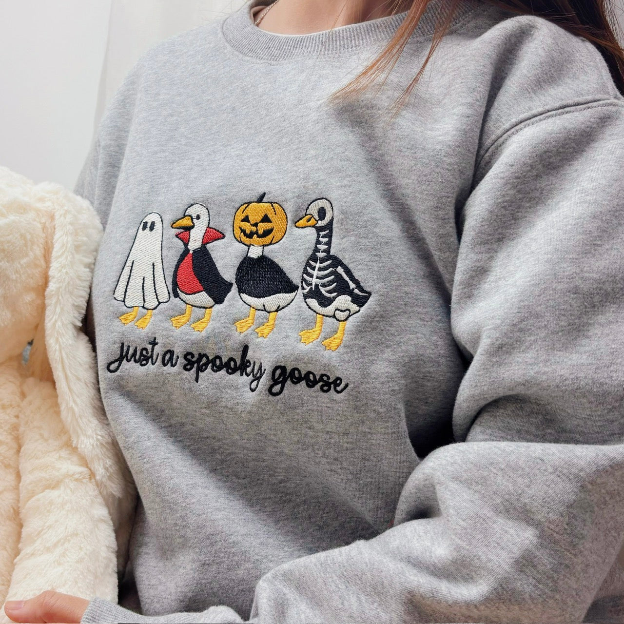 Just a Spooky Goose Embroidery Sweatshirt, Goose Halloween Sweatshirt, Funny Halloween Embroidery Shirt, Geese Fall Autumn
